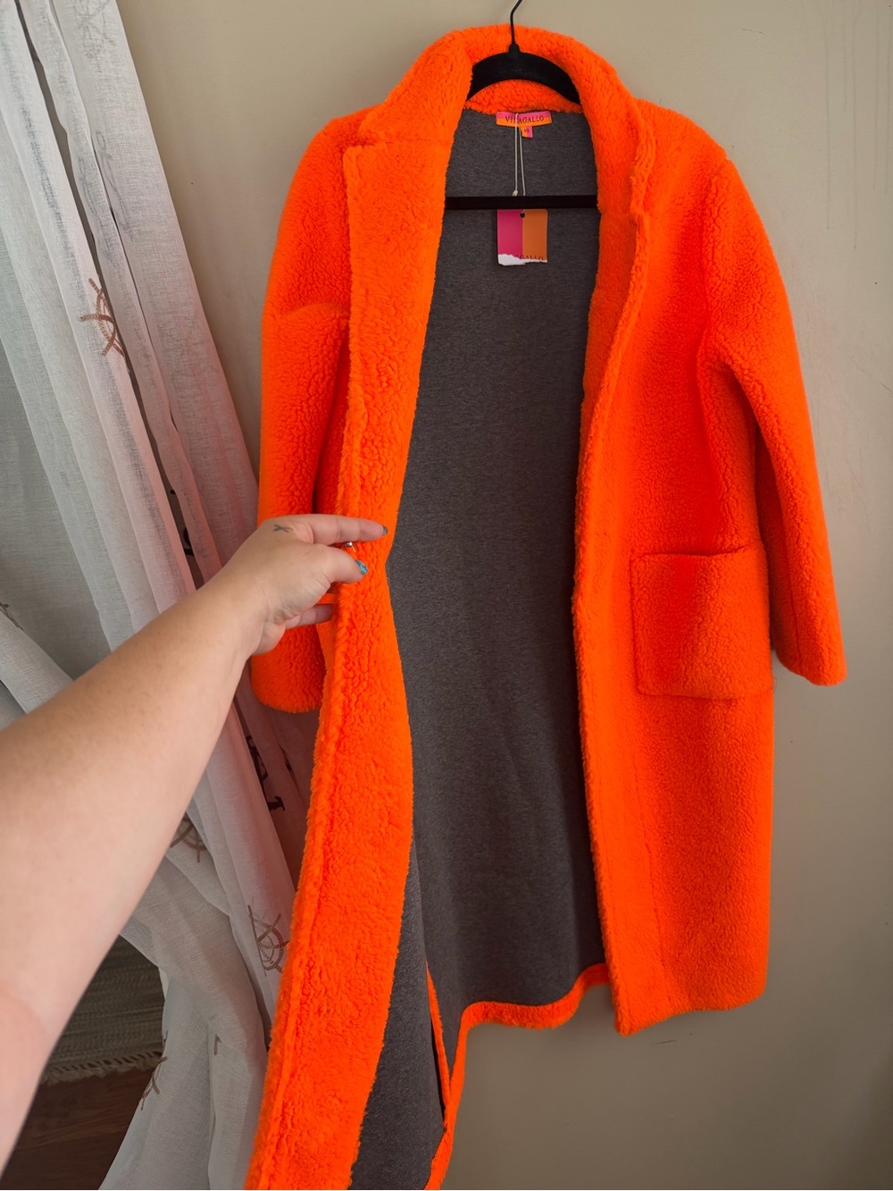 Vilagallo NWT Bright Orange Teddy Coat Large Front Pockets Single Hook Closure - Picture 7 of 12